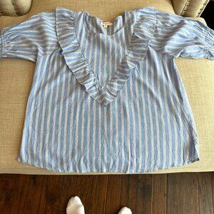 Women's Puff Sleeve Ruffled Yoke Top Blue with White Stripes L